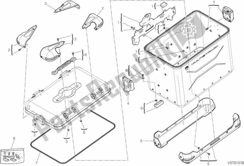 All parts for the Left Pannier of the Ducati Multistrada 1260 Enduro Touring USA 2020